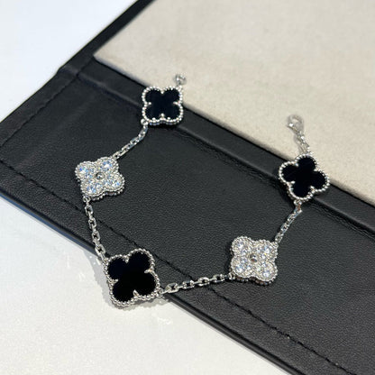 [ECHO ]CLOVER 5 MOTIF ONYXS DIAMOND BRACELET SILVER