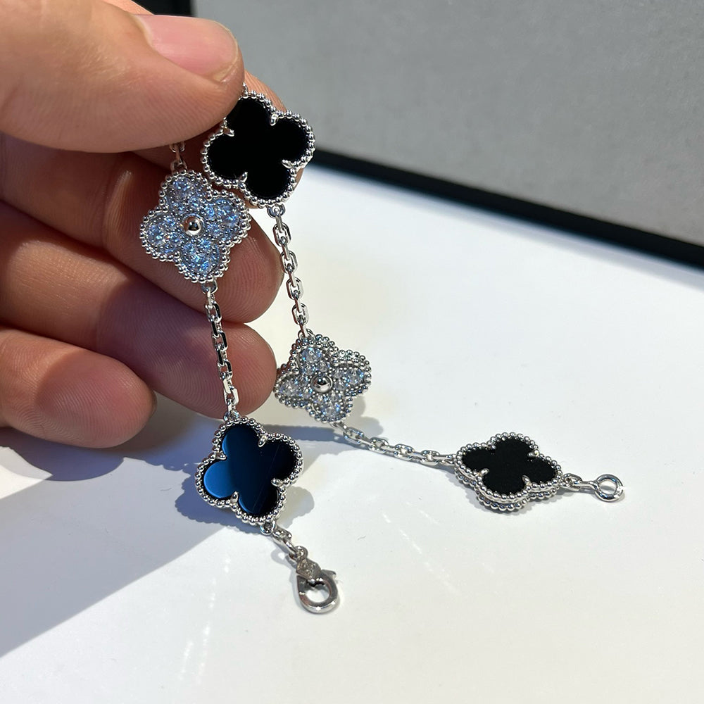 [ECHO ]CLOVER 5 MOTIF ONYXS DIAMOND BRACELET SILVER