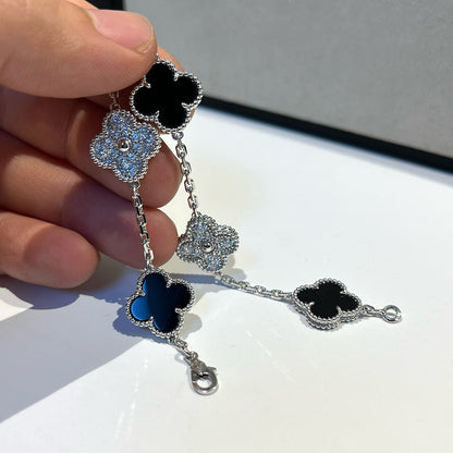 [ECHO ]CLOVER 5 MOTIF ONYXS DIAMOND BRACELET SILVER