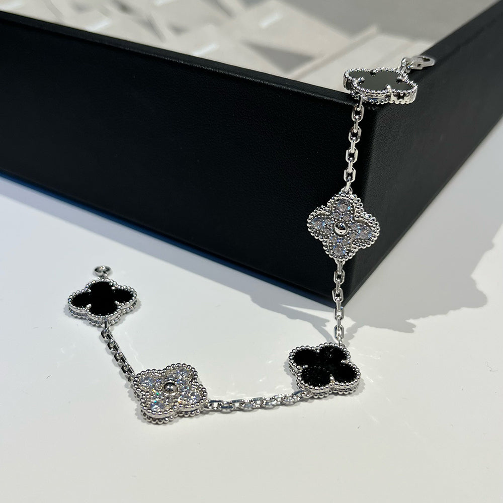 [ECHO ]CLOVER 5 MOTIF ONYXS DIAMOND BRACELET SILVER