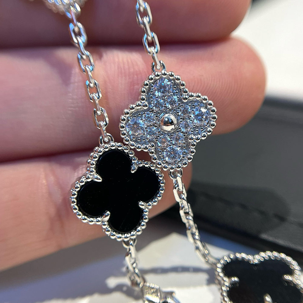 [ECHO ]CLOVER 5 MOTIF ONYXS DIAMOND BRACELET SILVER