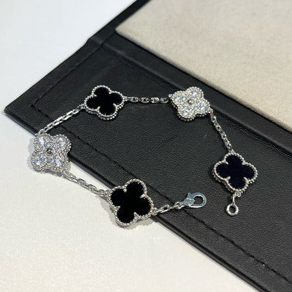 [ECHO ]CLOVER 5 MOTIF ONYXS DIAMOND BRACELET SILVER