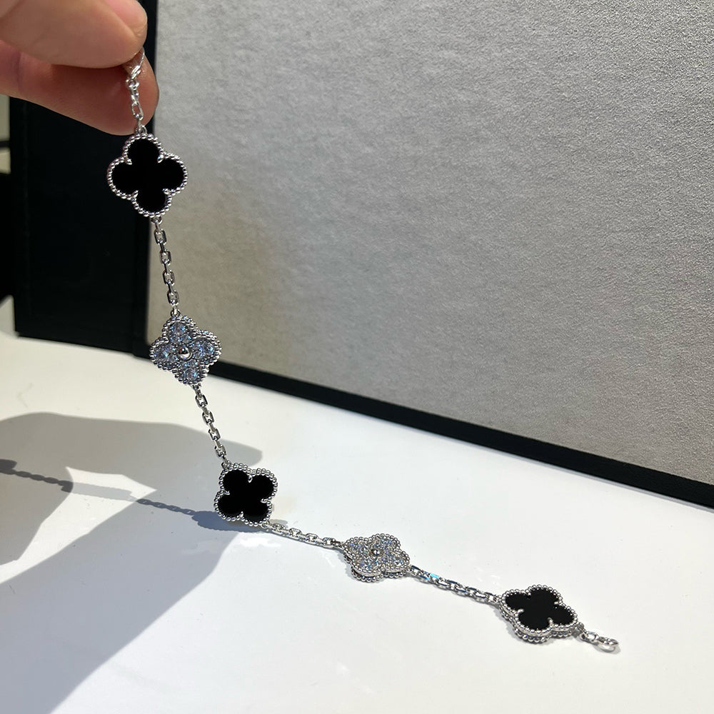[ECHO ]CLOVER 5 MOTIF ONYXS DIAMOND BRACELET SILVER