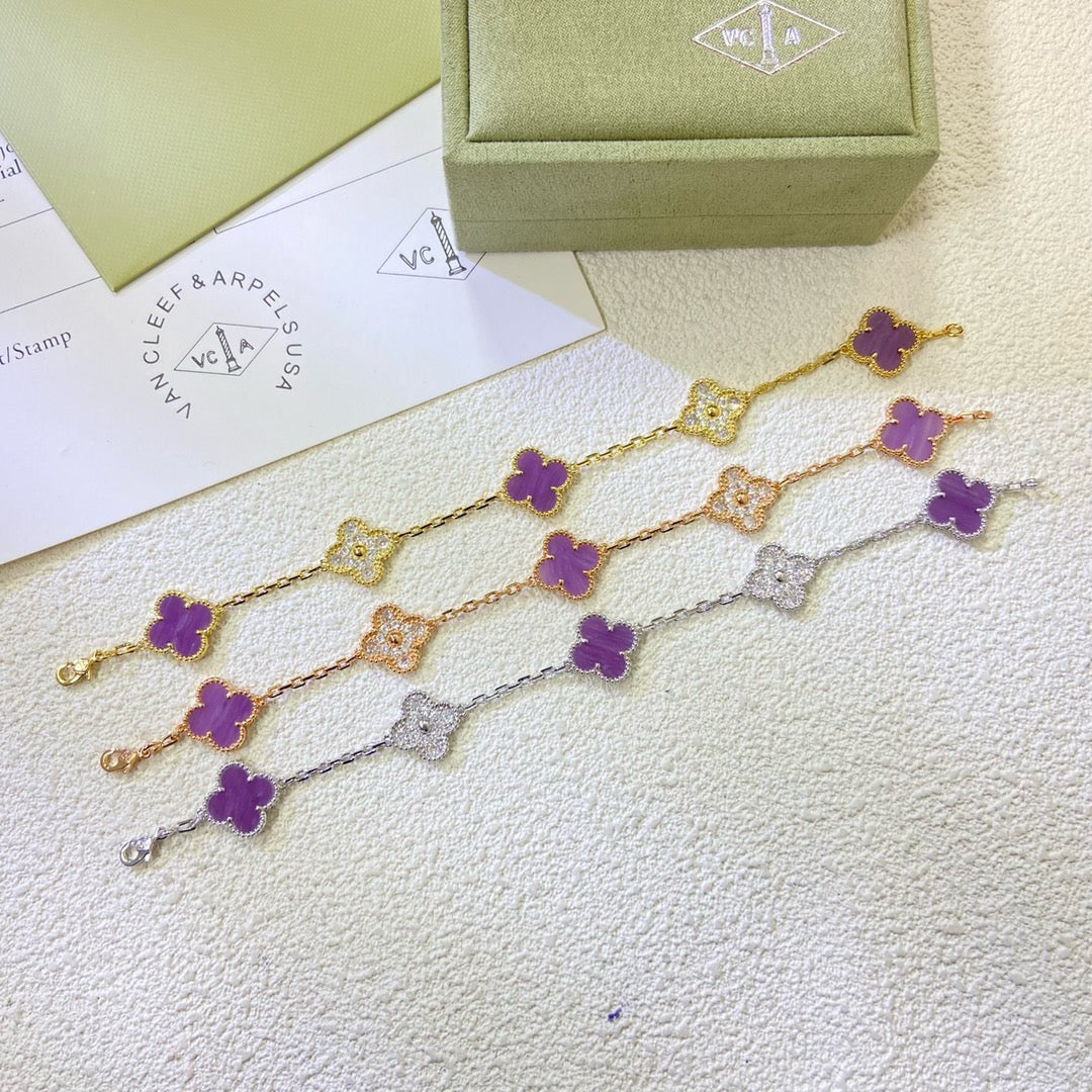 [ECHO ]CLOVER  5 MOTIFS  PURPLE VIOLET DIAMOND BRACELET