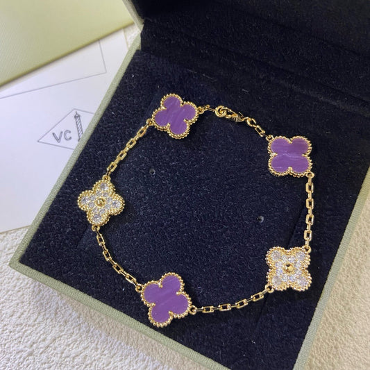 [ECHO ]CLOVER  5 MOTIFS  PURPLE VIOLET DIAMOND BRACELET