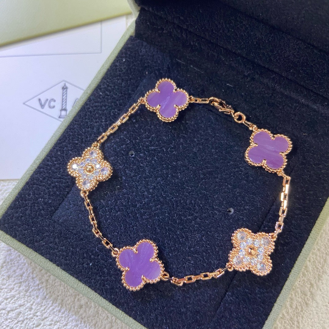 [ECHO ]CLOVER  5 MOTIFS  PURPLE VIOLET DIAMOND BRACELET