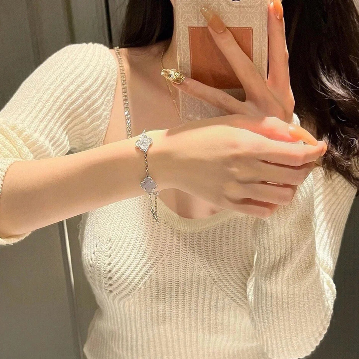 [ECHO ]CLOVER  5 MOTIF DIAMOND PURPLE CHALCEDONY BRACELET SILVER