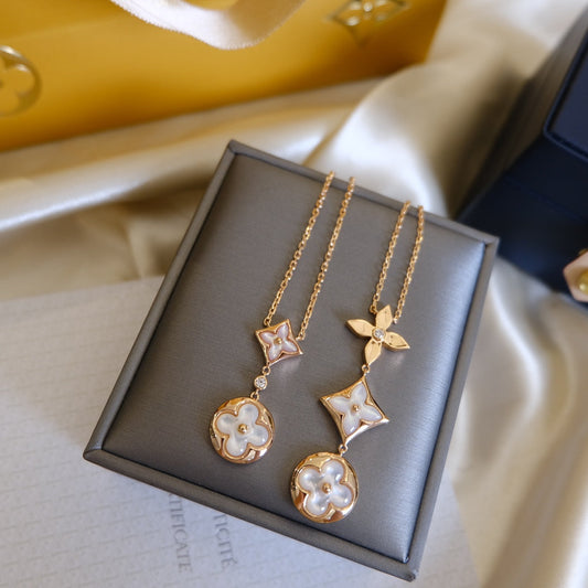 [ECHO ]COLOR BLOSSOM LARIAT NECKLACE PINK GOLD WHITE MOTHER PEARL AND DIAMOND