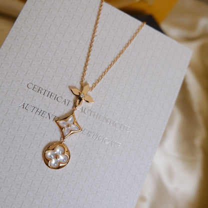 [ECHO ]COLOR BLOSSOM LARIAT NECKLACE PINK GOLD WHITE MOTHER PEARL AND DIAMOND