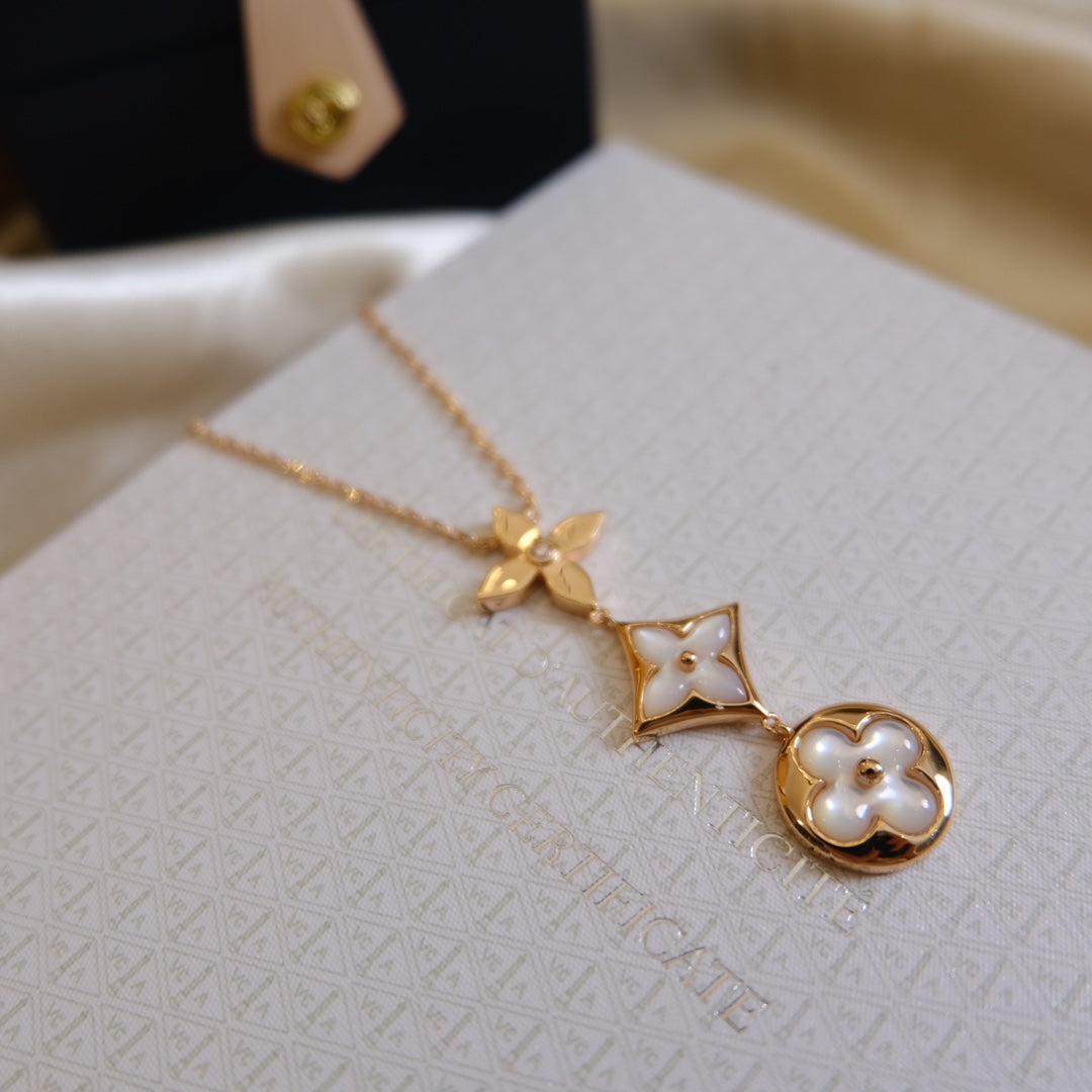 [ECHO ]COLOR BLOSSOM LARIAT NECKLACE PINK GOLD WHITE MOTHER PEARL AND DIAMOND