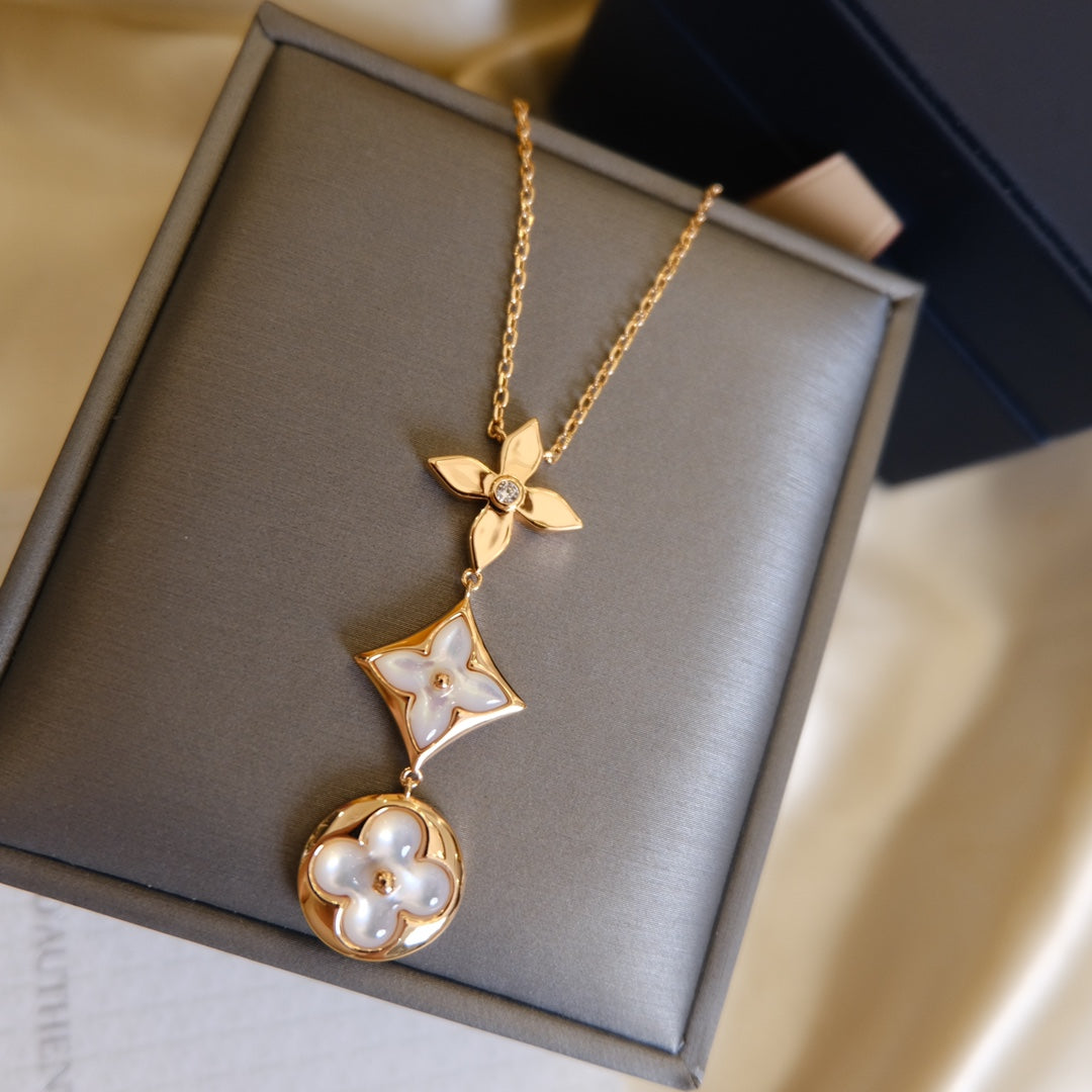 [ECHO ]COLOR BLOSSOM LARIAT NECKLACE PINK GOLD WHITE MOTHER PEARL AND DIAMOND