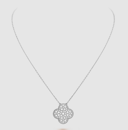 [ECHO ]CLOVER 25MM LARGE PENDANT DIAMOND PAVED SILVER NECKLACE