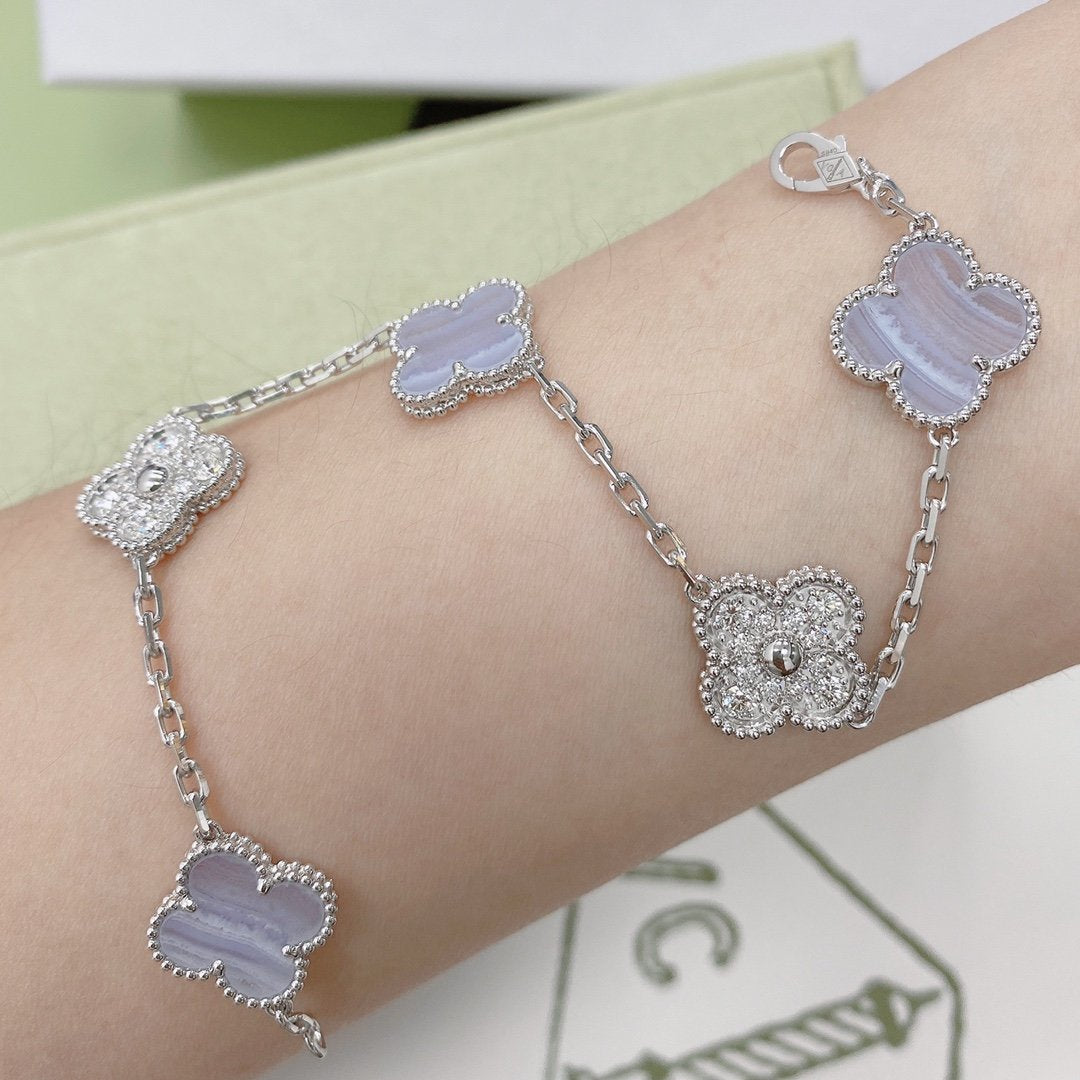 [ECHO ]CLOVER  5 MOTIF DIAMOND PURPLE CHALCEDONY BRACELET SILVER