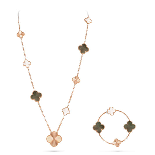 [ECHO]DETACHABLE CLOVER 15(11+4) FLOWER ROSE GOLD NECKLACE SET