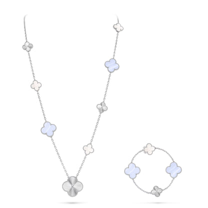 [ECHO]DETACHABLE CLOVER 15(11+4) FLOWER SILVER NECKLACE SET