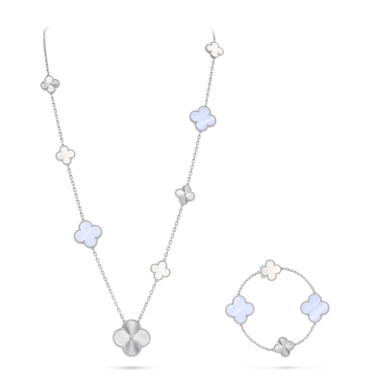 [ECHO ]DETACHABLE CLOVER 15(11+4) FLOWER SILVER NECKLACE SET