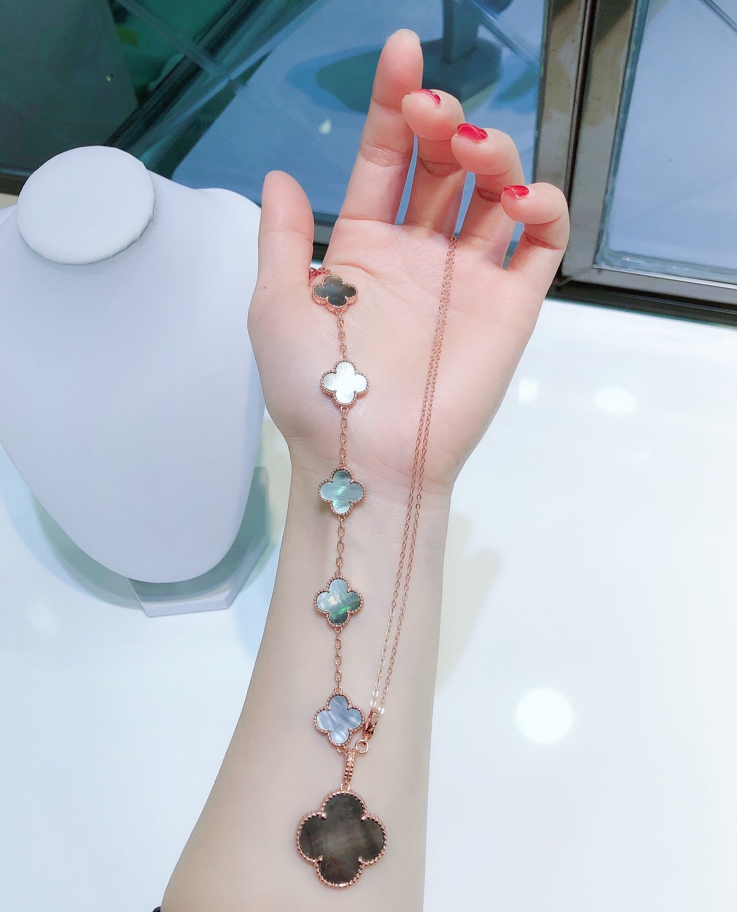 [ECHO ]COMBINED BRACELET 5 MOTIFS AND NECKLACE DARK MOP ROSE GOLD