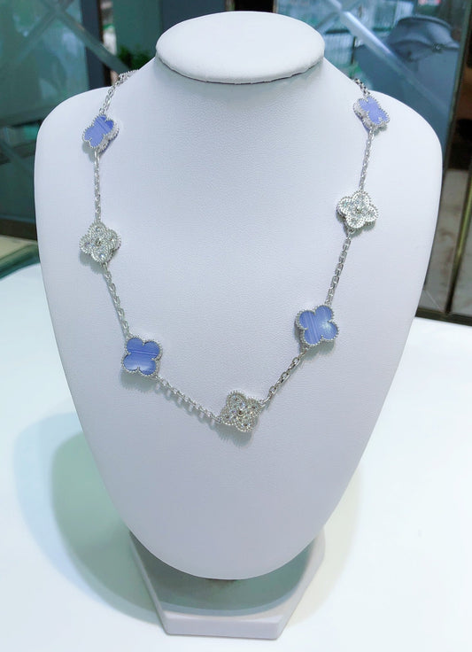 [ECHO ]CLOVER 10 MOTIFS CHALCEDONY DIAMONDS SILVER NECKLACE