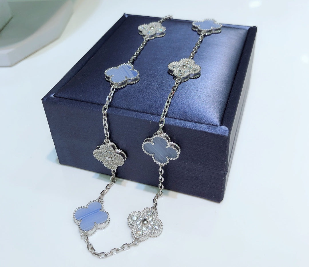 [ECHO ]CLOVER 10 MOTIFS CHALCEDONY DIAMONDS SILVER NECKLACE