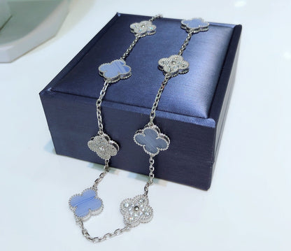 [ECHO ]CLOVER 10 MOTIFS CHALCEDONY DIAMONDS SILVER NECKLACE