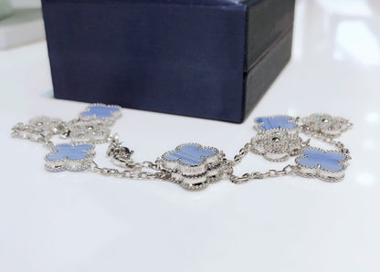 [ECHO ]CLOVER 10 MOTIFS CHALCEDONY DIAMONDS SILVER NECKLACE