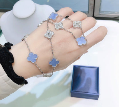 [ECHO ]CLOVER 10 MOTIFS CHALCEDONY DIAMONDS SILVER NECKLACE