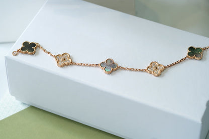 [ECHO ]CLOVER 5 MOTIFS DARK MOP AND DIAMONDS PINK GOLD BRACELET