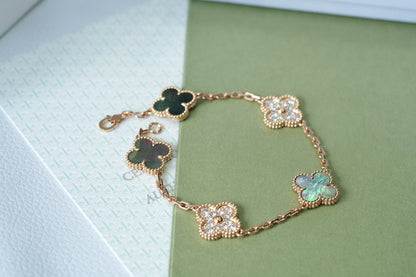 [ECHO ]CLOVER 5 MOTIFS DARK MOP AND DIAMONDS PINK GOLD BRACELET