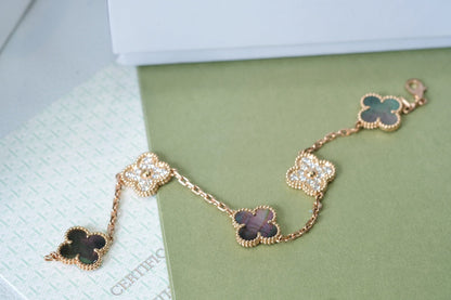 [ECHO ]CLOVER 5 MOTIFS DARK MOP AND DIAMONDS PINK GOLD BRACELET