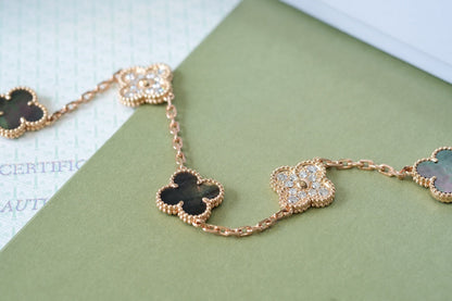 [ECHO ]CLOVER 5 MOTIFS DARK MOP AND DIAMONDS PINK GOLD BRACELET