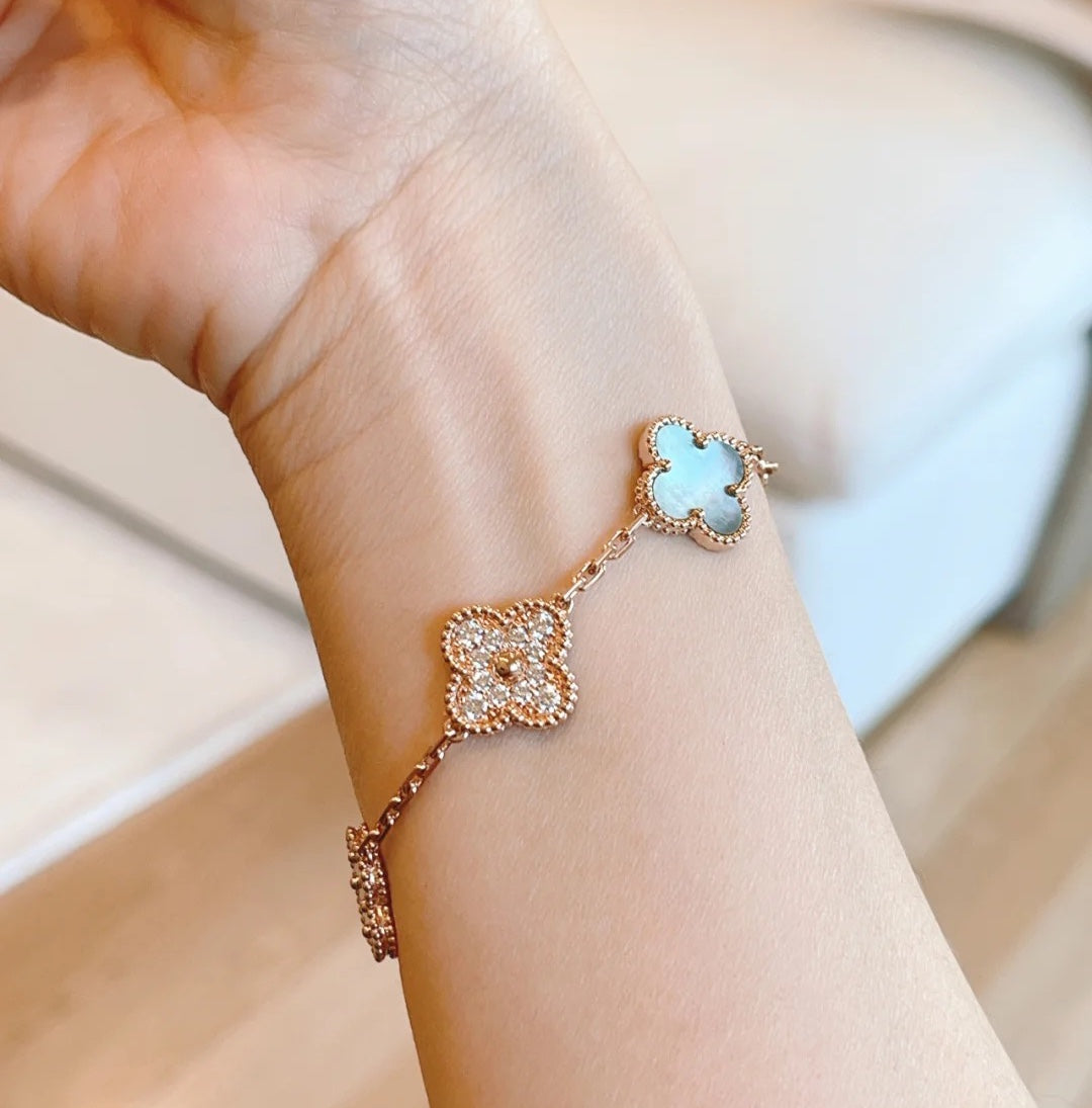 [ECHO ]CLOVER 5 MOTIFS DARK MOP AND DIAMONDS PINK GOLD BRACELET